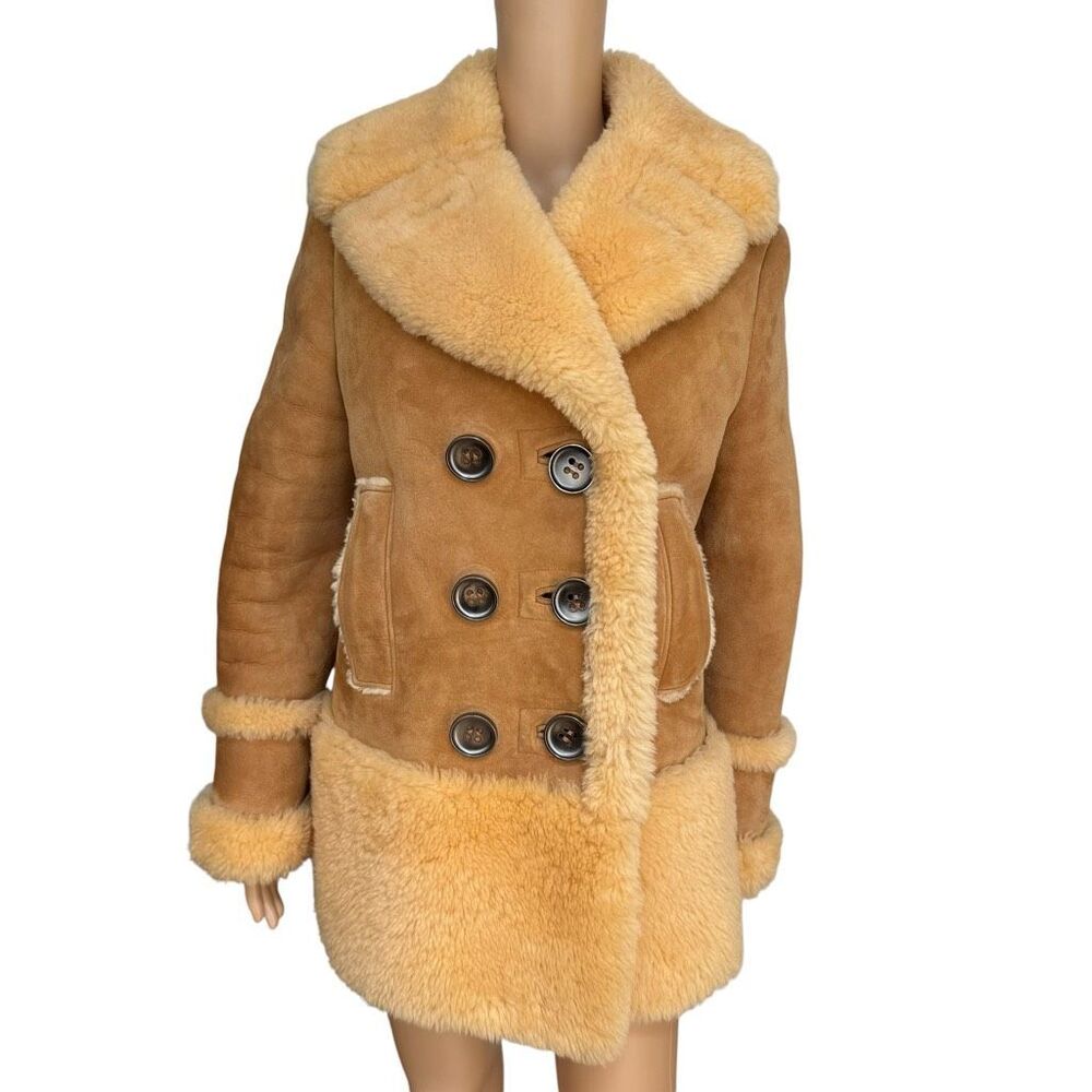 Coach Sheepskin Fur Coat in honey double-breasted plush shearling trim size M - Picture 2 of 13